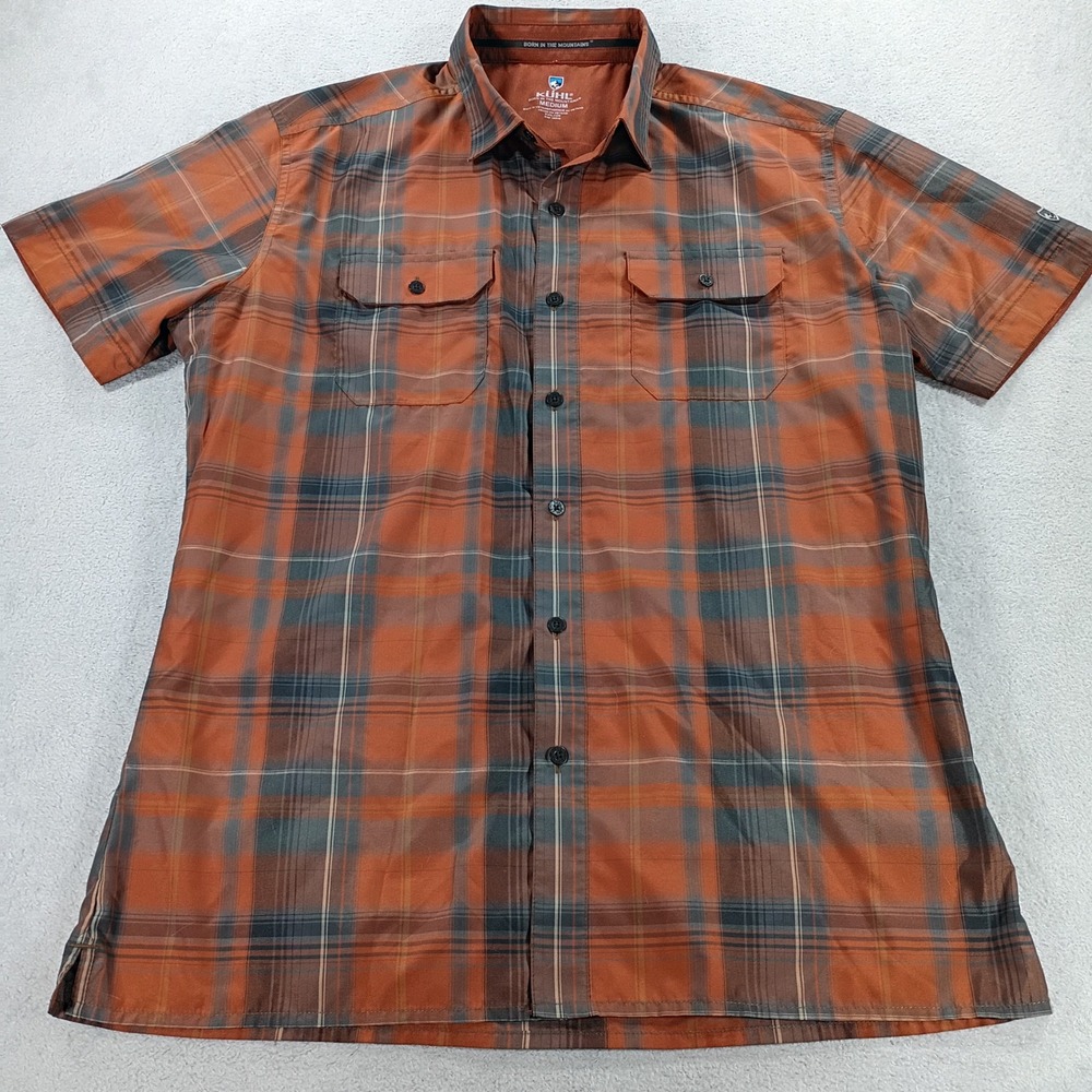 Kuhl Mens Short Sleeve Plaid Button Down Orange Medium Technical Hiking Shirt